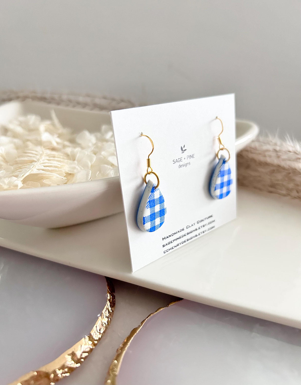Blue and White Plaid Earrings, Handmade Clay Gingham Dangles, Dainty Summer Jewelry Gift