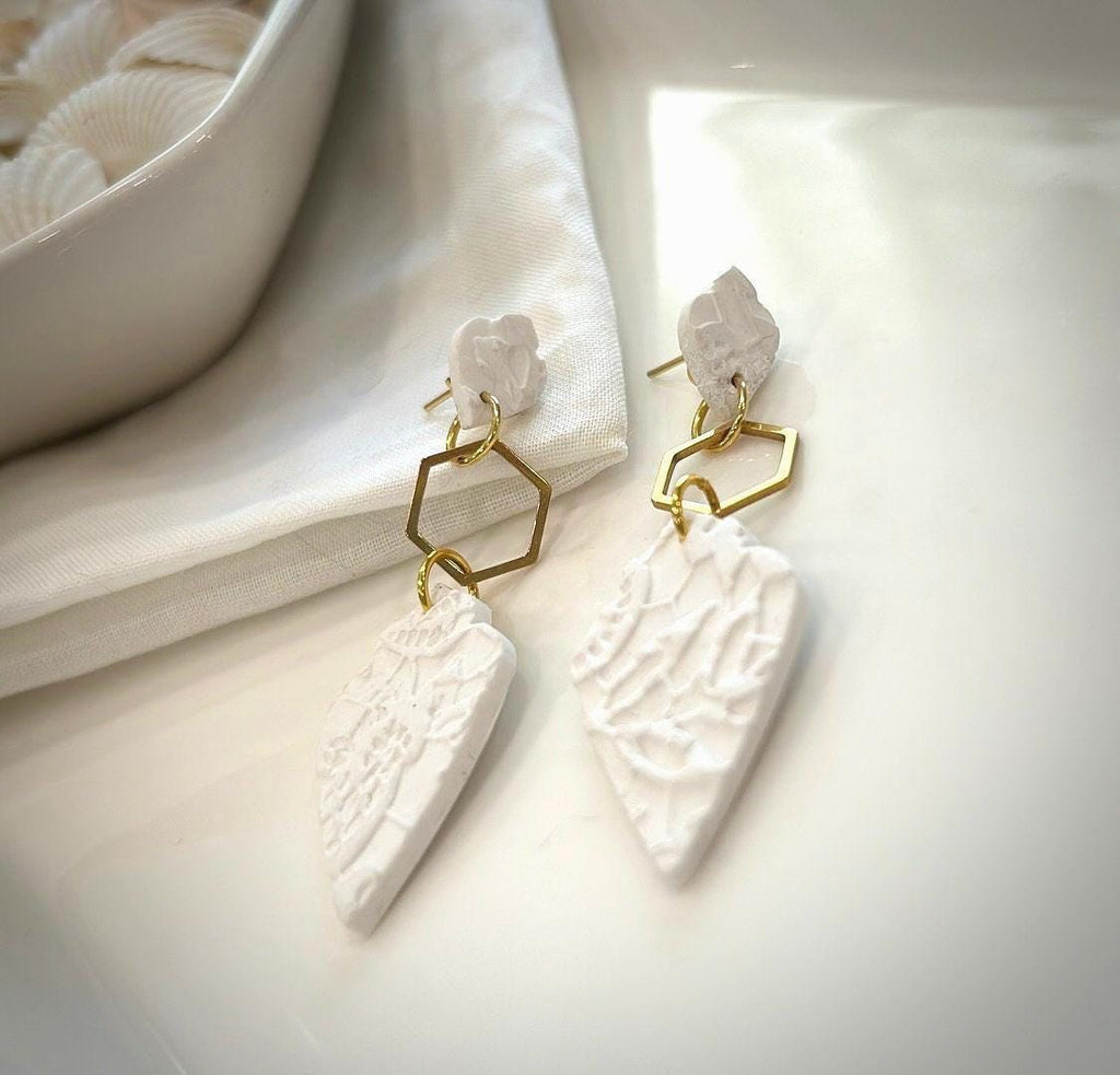 White and Gold Long Earrings, Modern Geometric Clay Dangles, Floral Embossed Handmade Jewelry