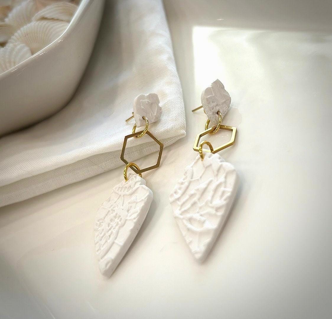 White and Gold Long Earrings, Modern Geometric Clay Dangles, Floral Embossed Handmade Jewelry