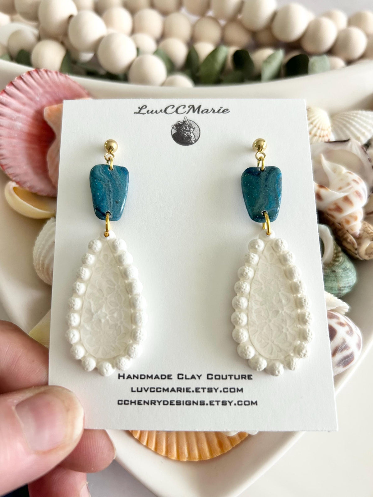 Teal and White Teardrop Earrings, Pearl Floral Clay Dangles, Handmade Bridal Coastal Jewelry