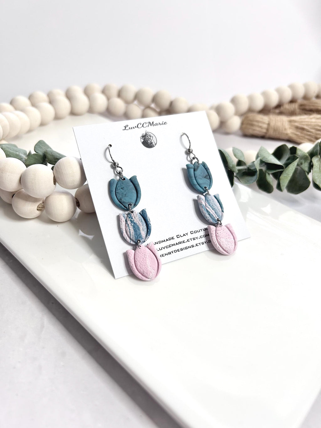 Tulip Earrings, Long Dangle Ombre Clay Handmade Jewelry Gift for Her