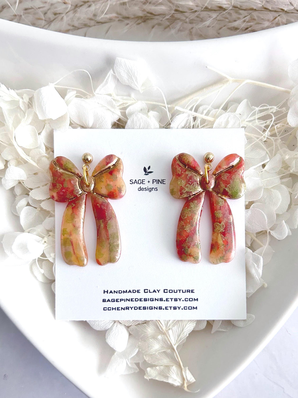 Delicate Falling Leaves Bow Earrings, Autumn tones with Gold Hoops, Boho Clay Handmade Jewelry