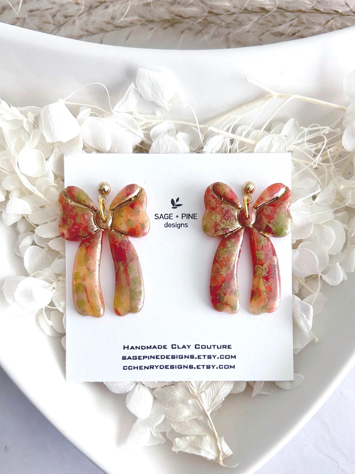 Delicate Falling Leaves Bow Earrings, Autumn tones with Gold Hoops, Boho Clay Handmade Jewelry
