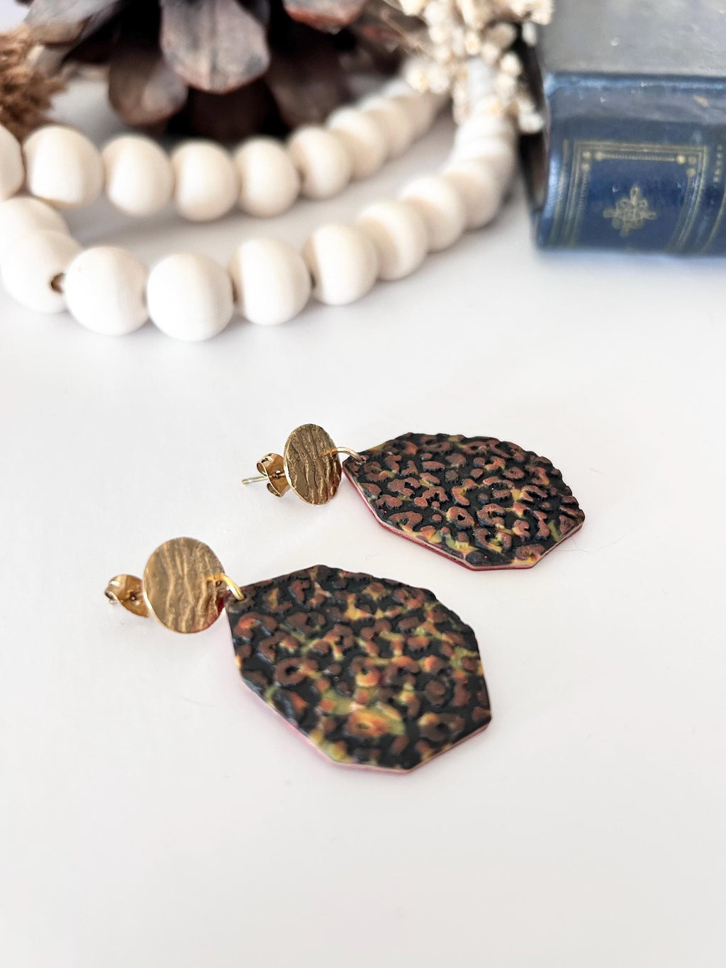 Leopard Print Dangle Earrings, Black and Brown Cheetah Print, Gold Safari Animal Inspired Gifts