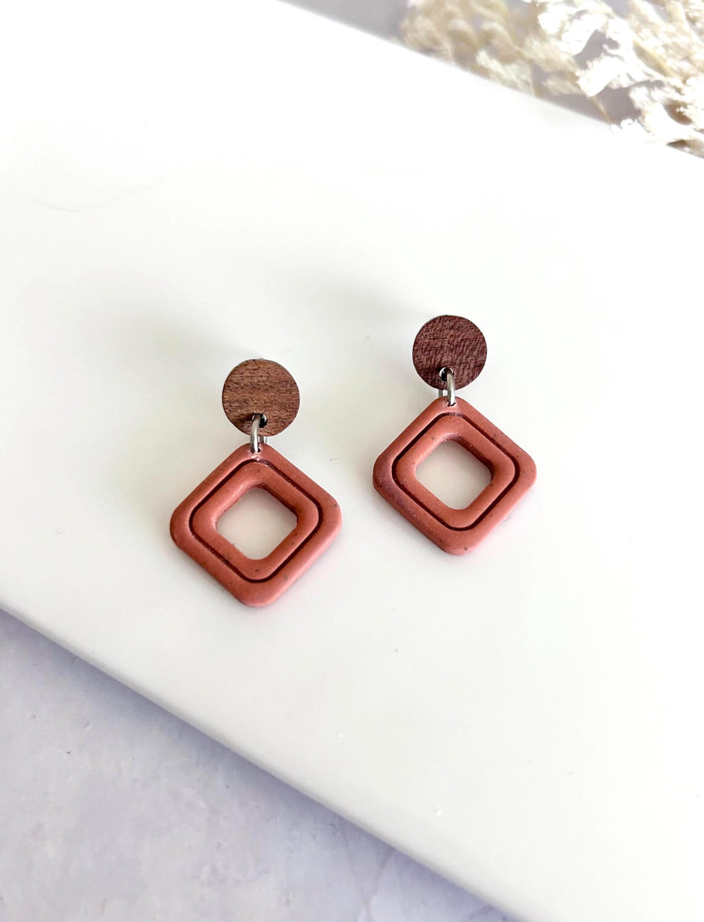 Terracotta Drop Earrings, Geometric Clay & Wood Handmade Fashion Boho Jewelry