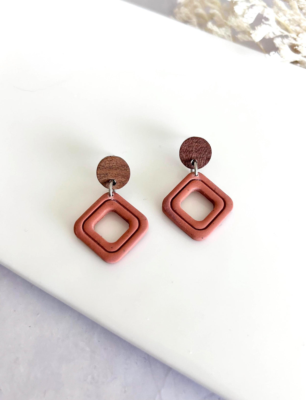 Terracotta Drop Earrings, Geometric Clay & Wood Handmade Fashion Boho Jewelry