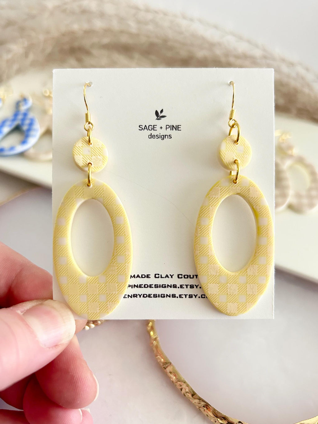 Navy Blue Gingham Check Hoop Dangles, Summer Earrings, Retro Clay Handmade Fashion Jewelry Gift