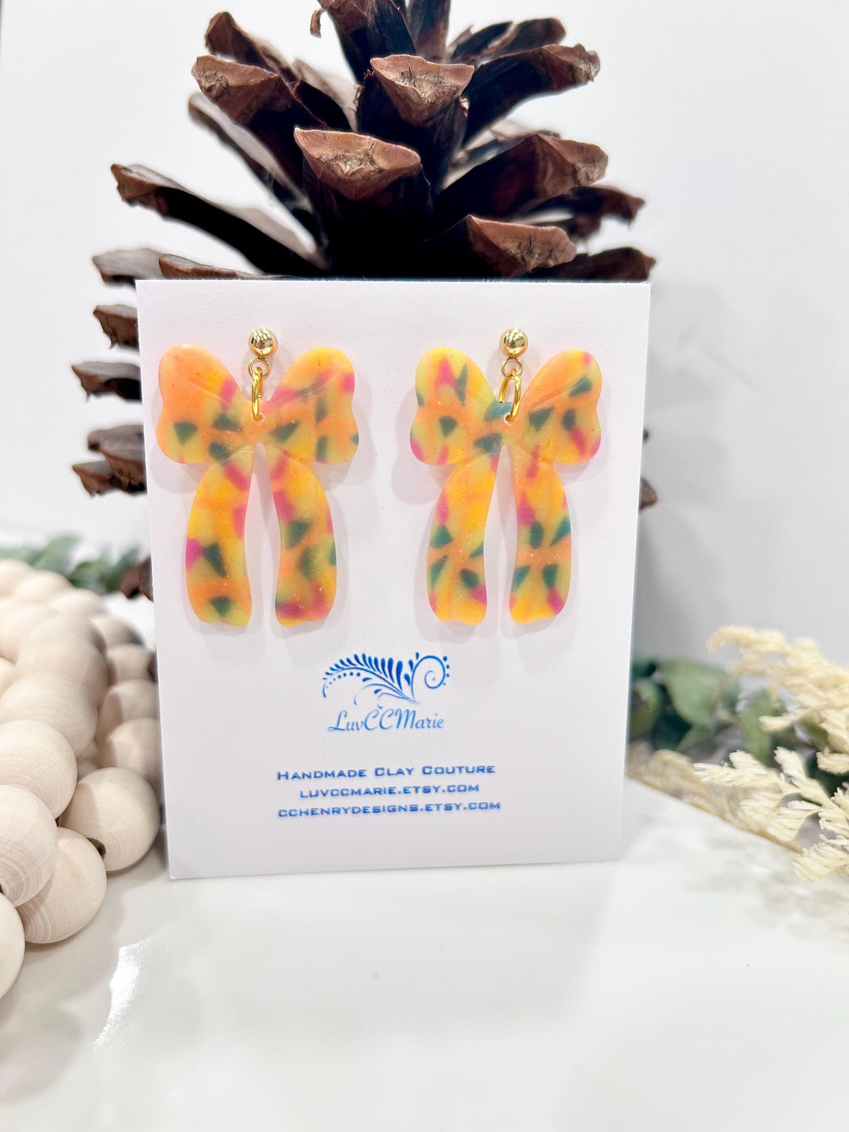Neon Earrings, 80s Bow Hoop Dangles, Fluorescent Handmade Clay Jewelry Gift