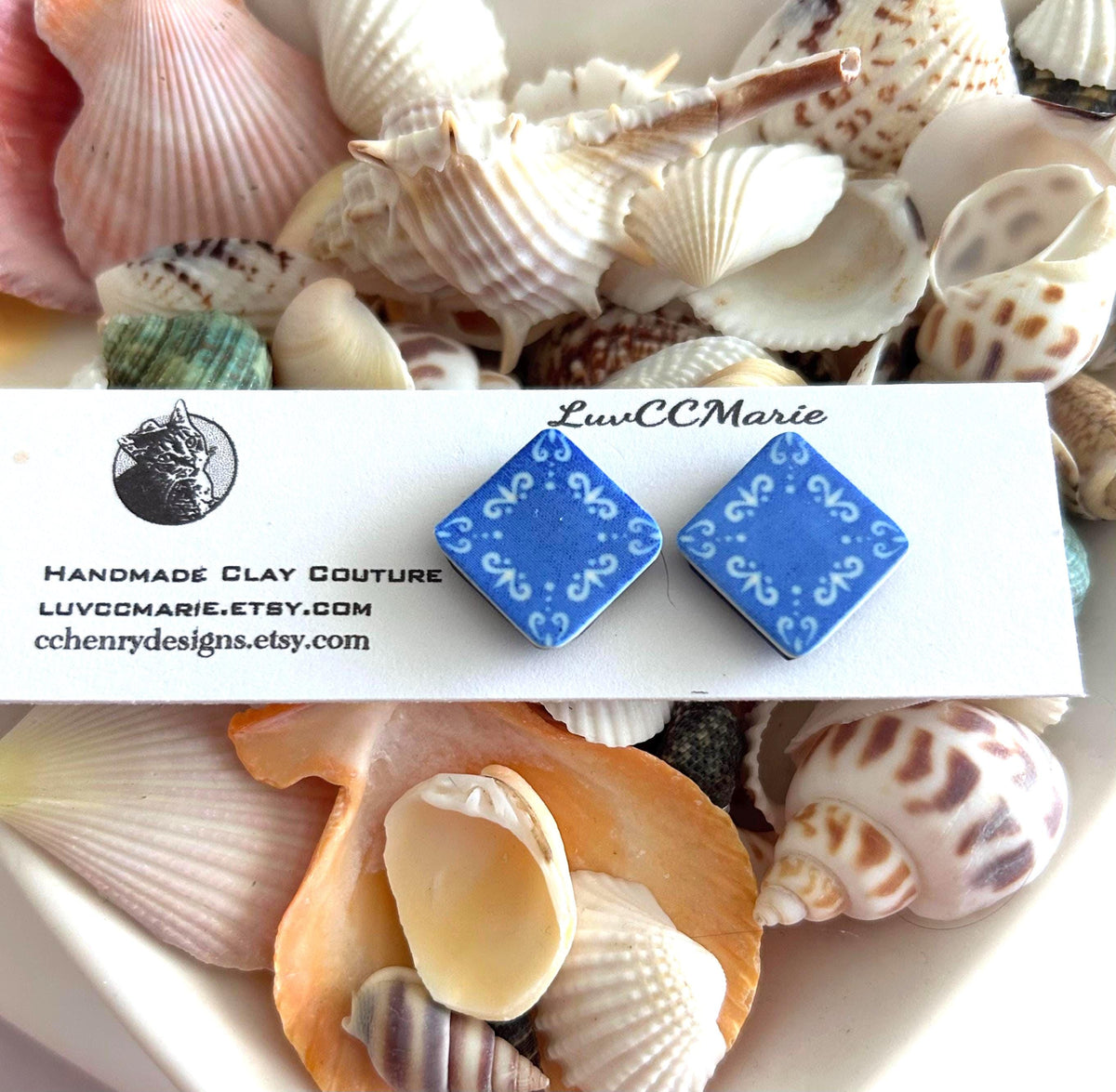 Handmade Cobalt Blue Tile Stud Earrings: Boho Mediterranean Jewelry