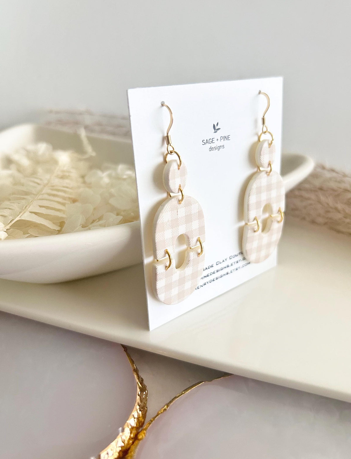 Handmade Gingham Clay Earrings, Boho Beige and White Checkered Dangles