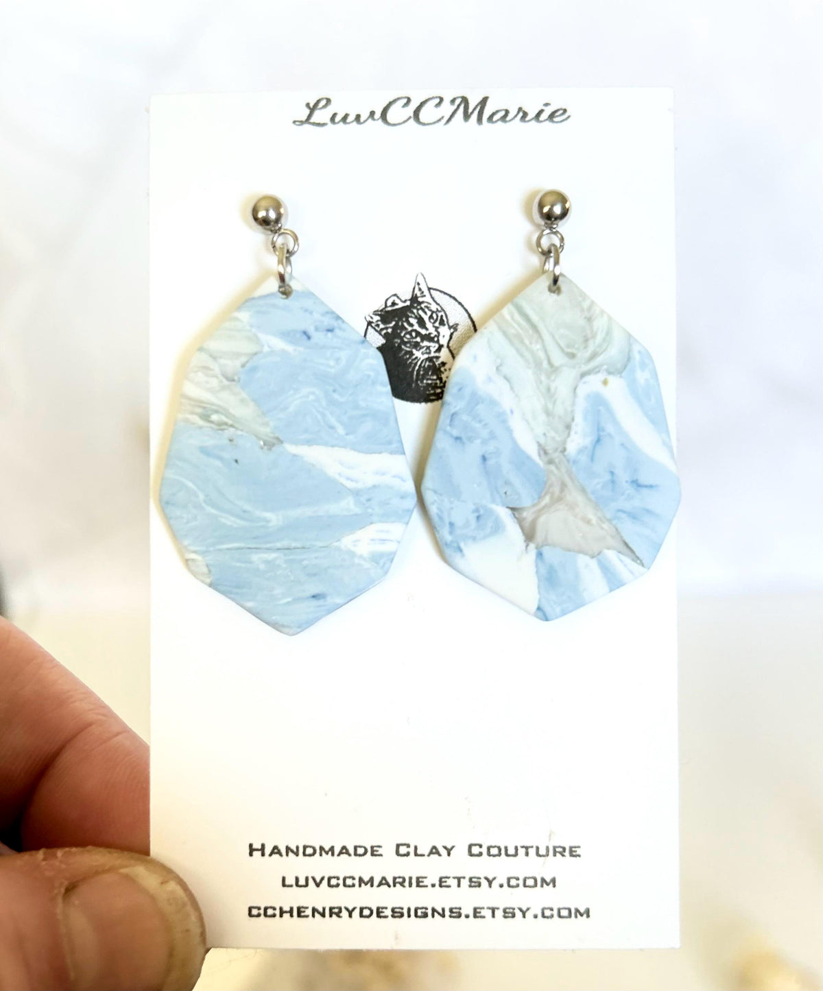 Pale Blue Marbled Earrings, Clay Octagon Dangles, Handmade Fashion Lightweight Jewelry Vacation Gift