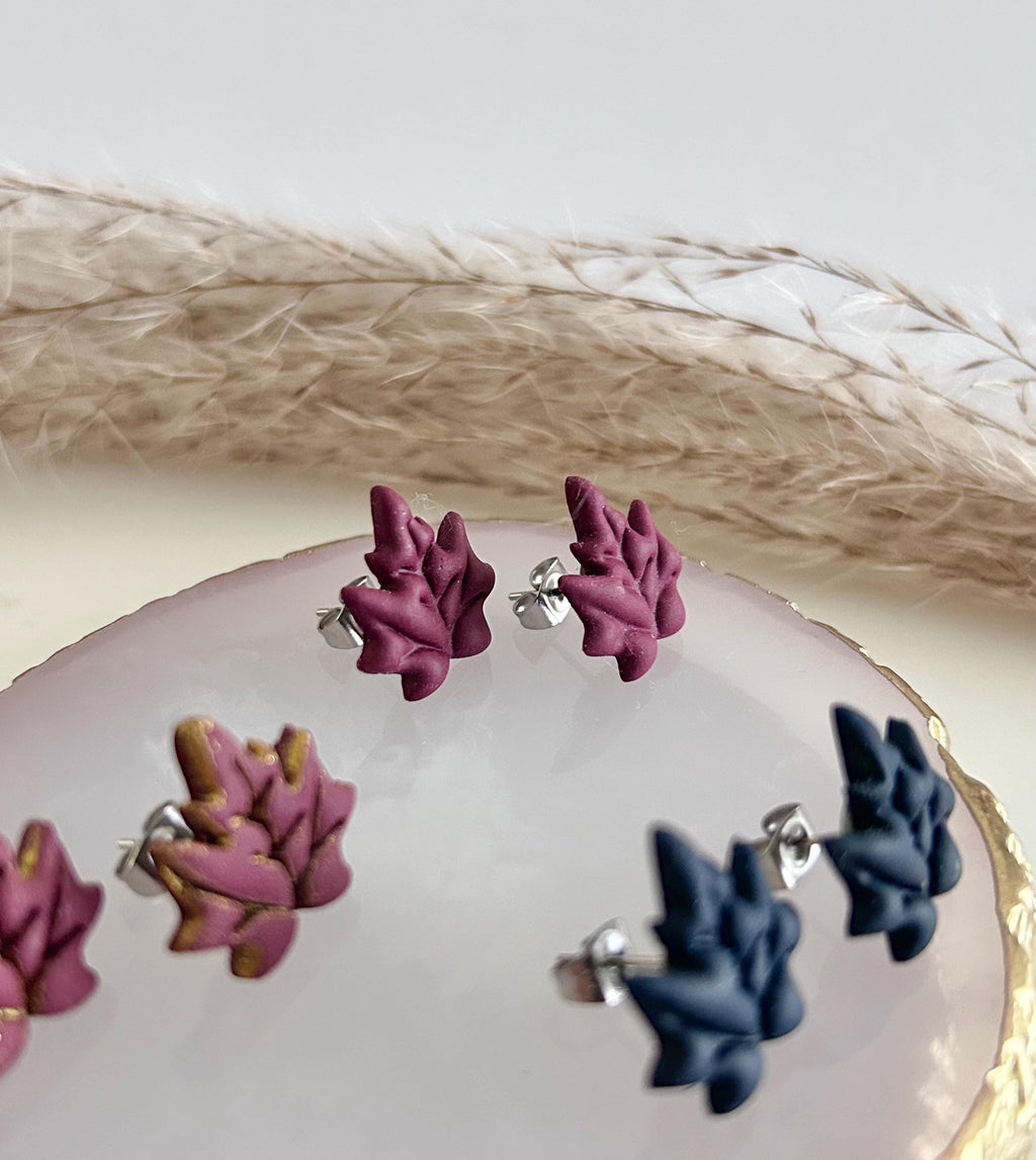 Navy Blue & Dark Burgundy Maple Leaf Stud Earrings, Hypoallergenic Post Fall Jewelry
