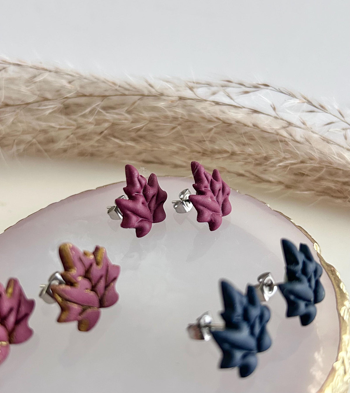 Navy Blue & Dark Burgundy Maple Leaf Stud Earrings, Hypoallergenic Post Fall Jewelry
