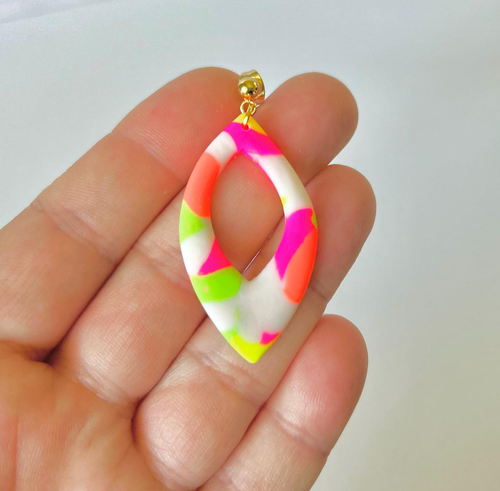 Neon Orange, Yellow, Pink, Green Drop Earrings, Retro Multicolored Clay Dangles, Handmade Jewelry