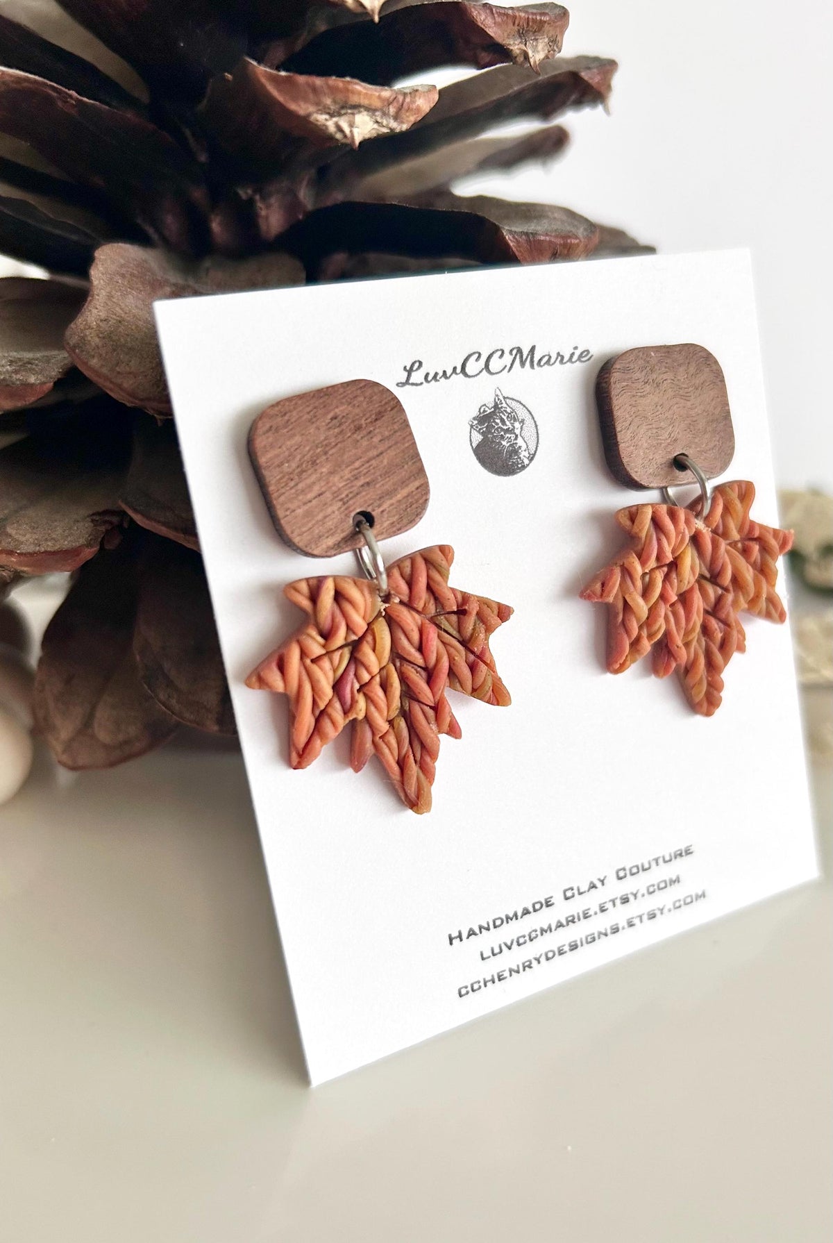 Clay Wood Stud Dangle Earrings, Fall Knit Maple Leaf Dangles, Mustard, Brown, Orange