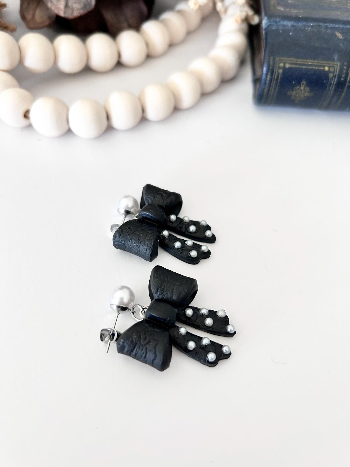Black Clay Bow Knot Dangle Earrings, White Pearl Studded Dangles, Polka Dot Handmade Jewelry