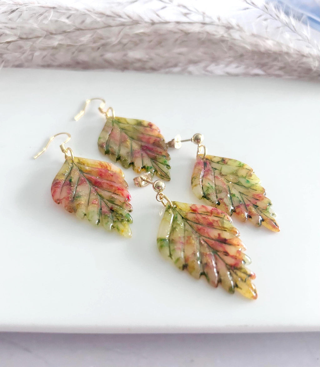 Multicolor Fall Leaf Earrings, 24k Gold Colorful Clay Dangles, Hypoallergenic Lightweight Boho Jewelry
