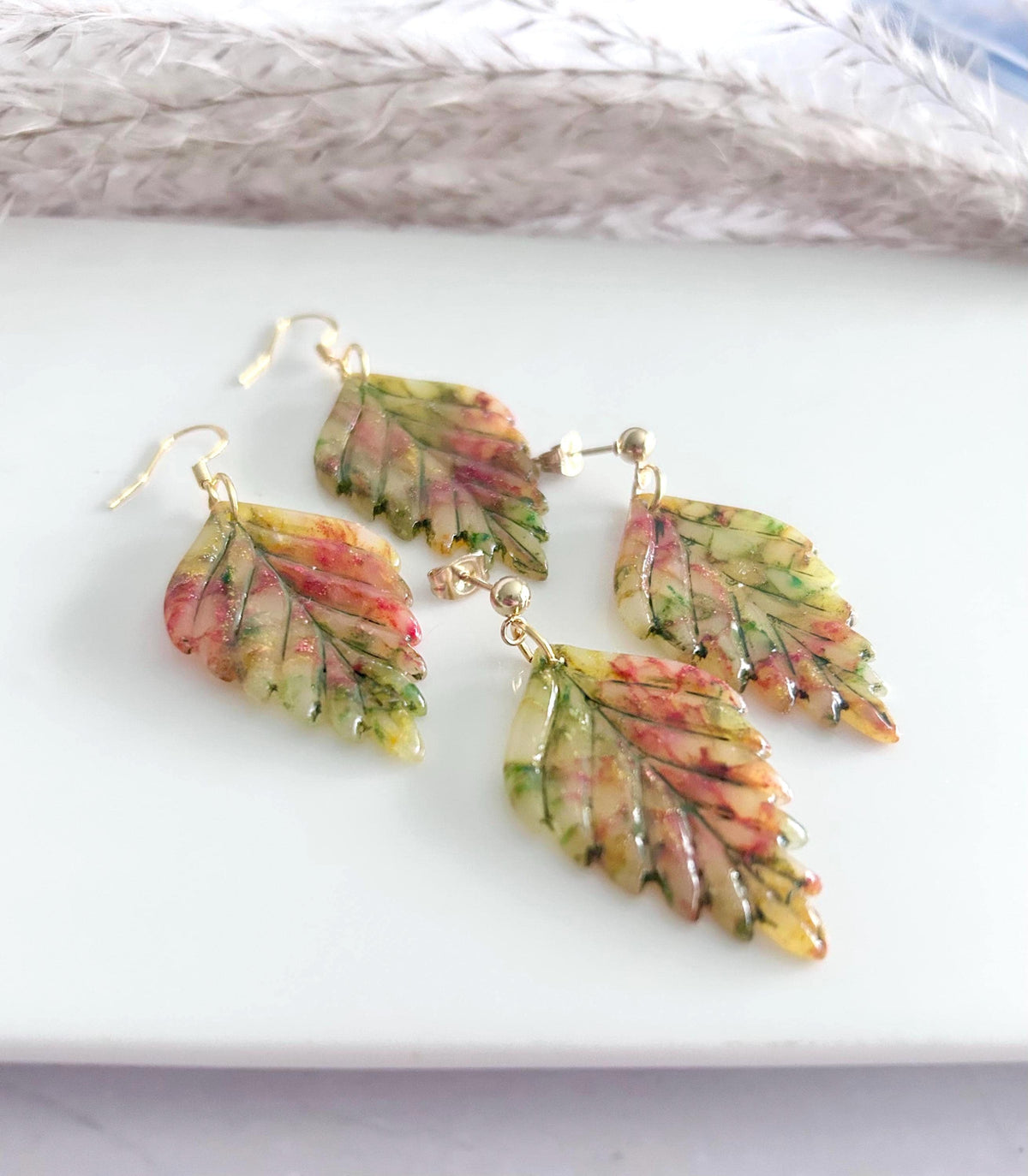 Multicolor Fall Leaf Earrings, 24k Gold Colorful Clay Dangles, Hypoallergenic Lightweight Boho Jewelry
