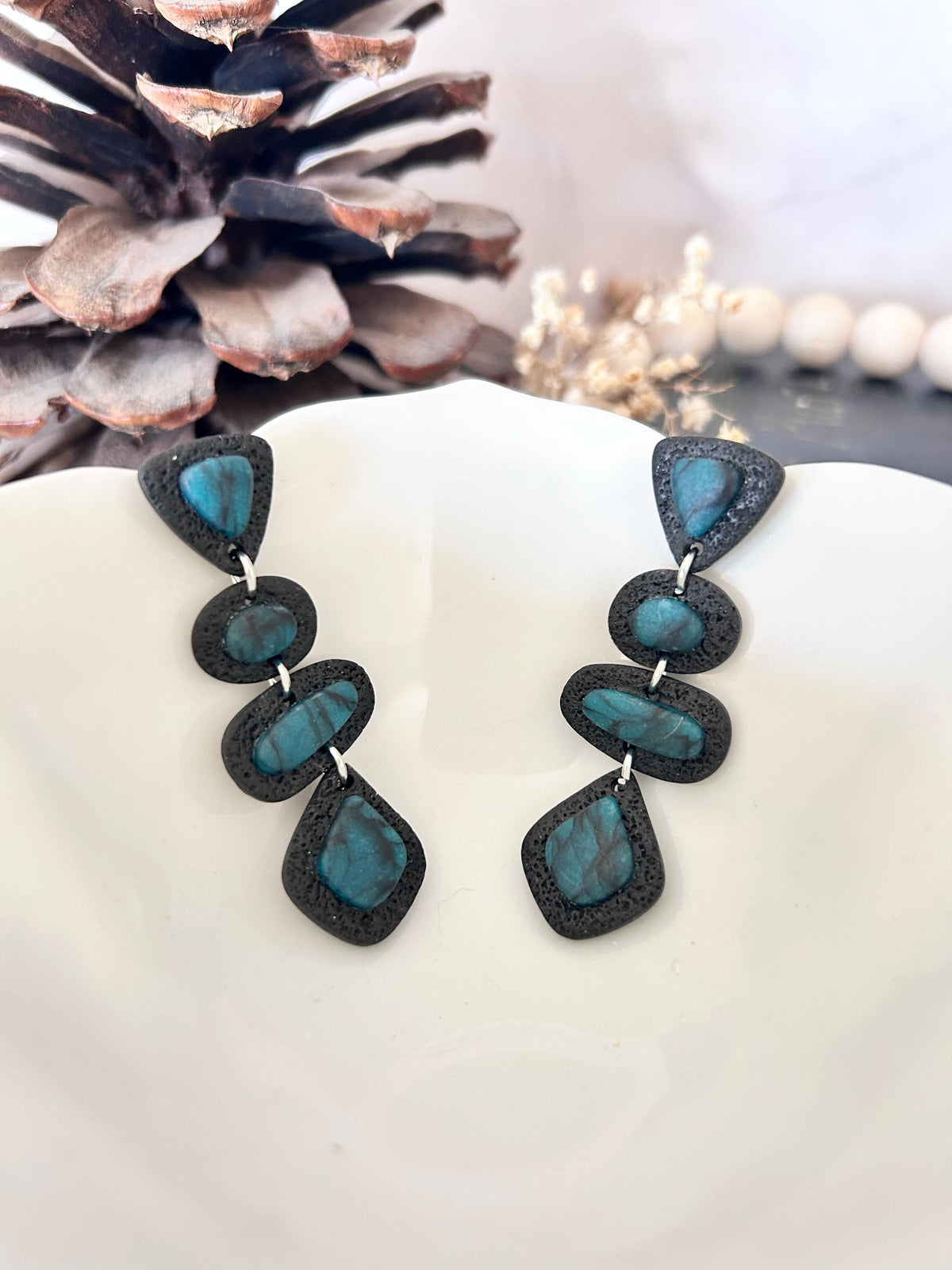 Black Teal Clay Earrings: Handmade Boho Stud Dangles Geometric Long