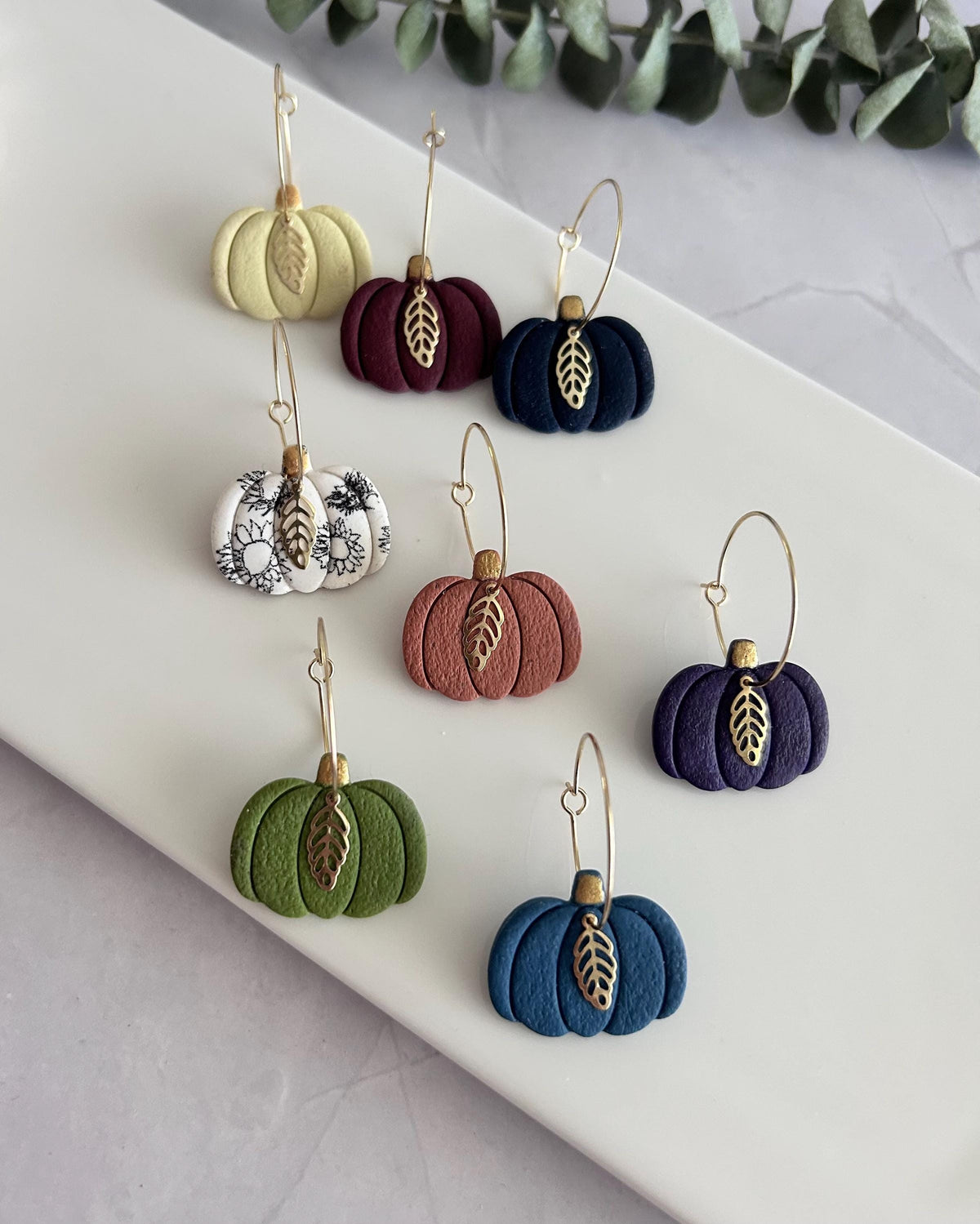 Burgundy Pumpkin Earrings, Gold Fall Leaf Clay Dangles, Handmade Boho Autumn Jewelry