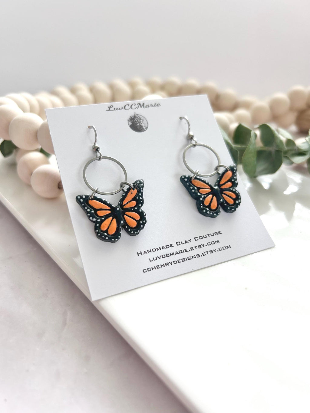 Monarch Earrings, Butterfly Dangles, Orange and Black, Handmade Fashion Jewelry