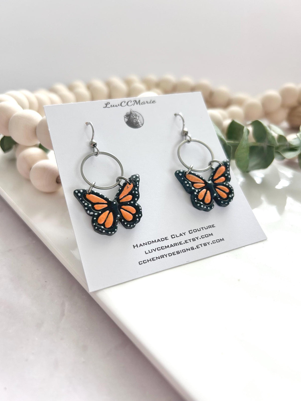 Monarch Earrings, Butterfly Dangles, Orange and Black, Handmade Fashion Jewelry