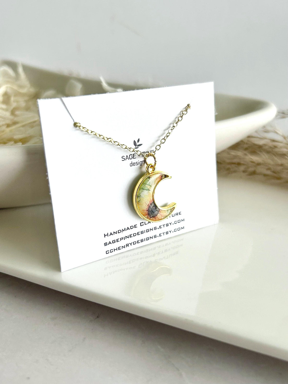 Sunflower Moon Charm Necklace, Yellow and Green Floral Pendant, Handmade Fashion Clay Jewelry