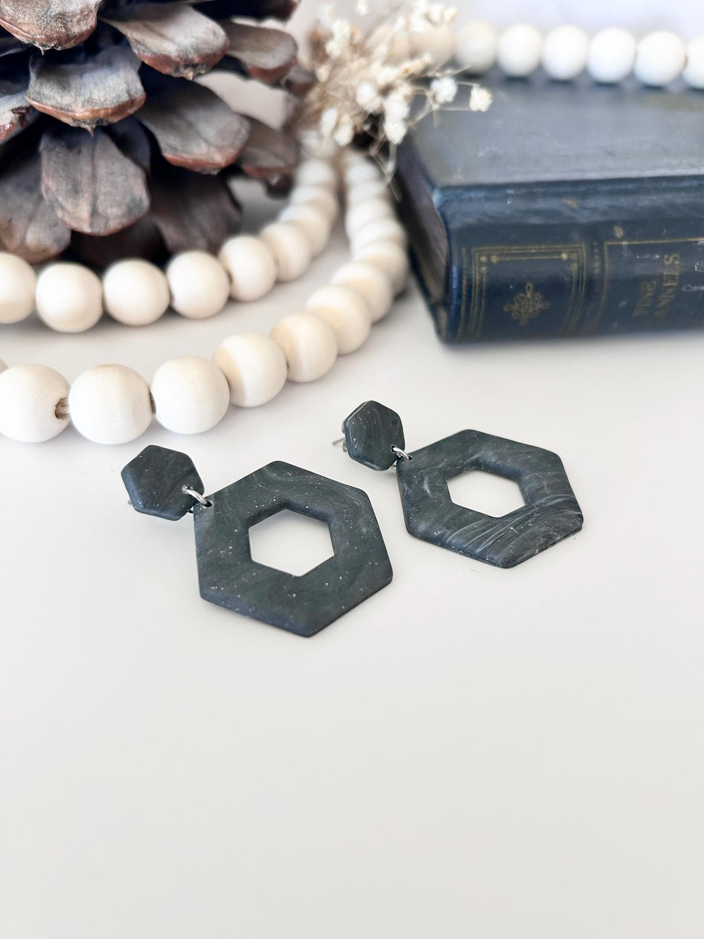 Dark Charcoal Gray Dangle Earrings, Polymer Clay Hexagon Dangles, Handmade Boho Jewelry Gift