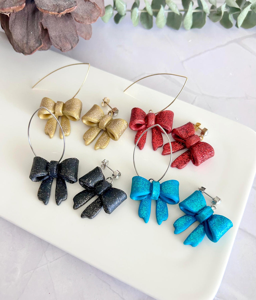 Glitter Bow Clay Earrings, Coquette Dangles, Handmade Holiday Jewelry