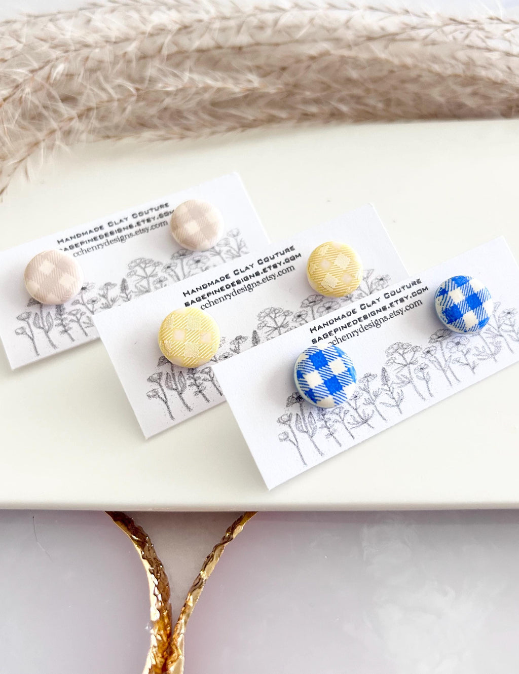 Navy Blue Gingham Check Clay Studs, Summer Vacation Stud Earrings, Handmade Jewelry