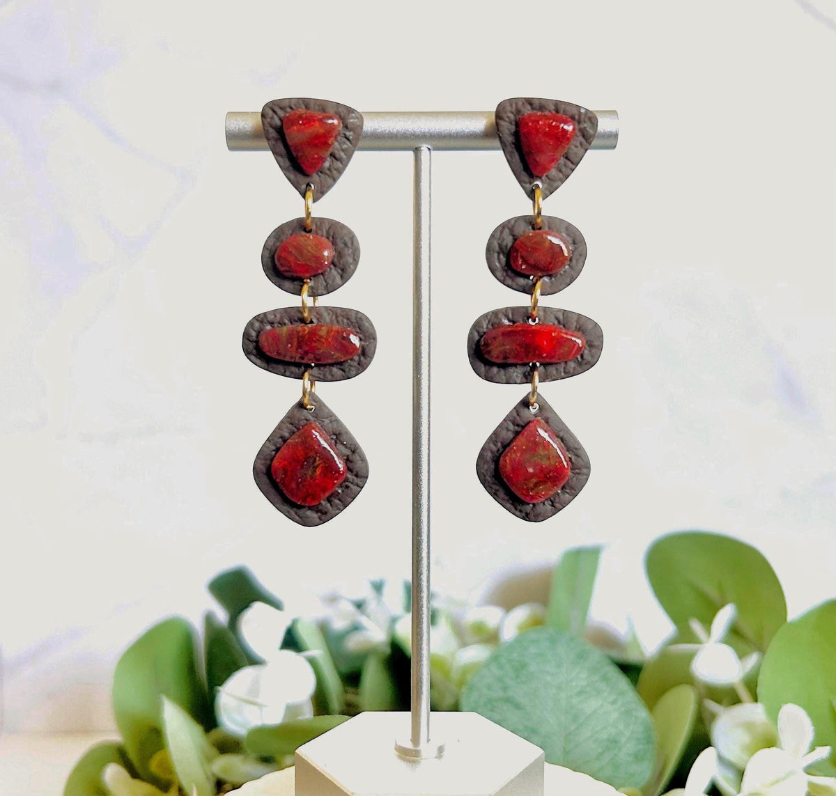 Red and Brown Marbled Stone Clay Earrings, Long Geometric Stud Dangles, Lightweight Hypoallergenic