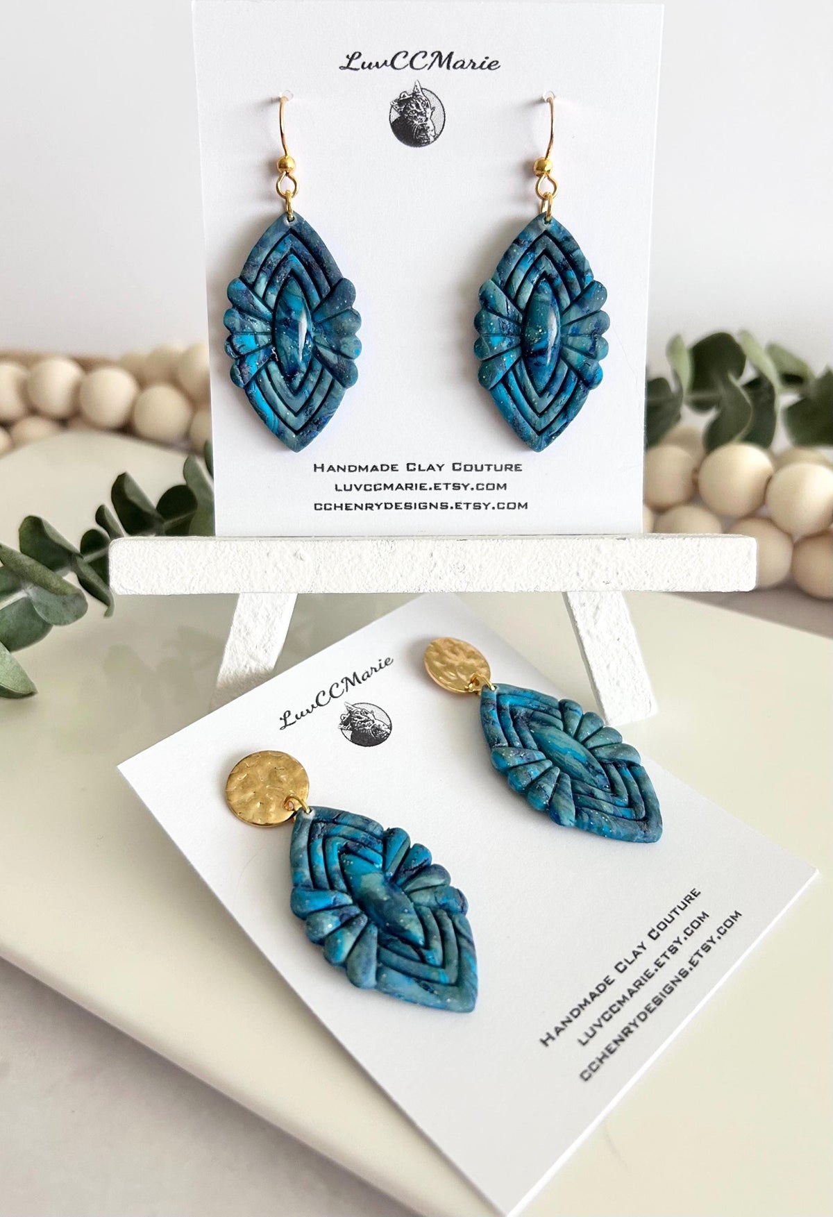 Teal Dangle Earrings, Boho Dangles, Blue and Gold Handmade Clay Unique Jewelry