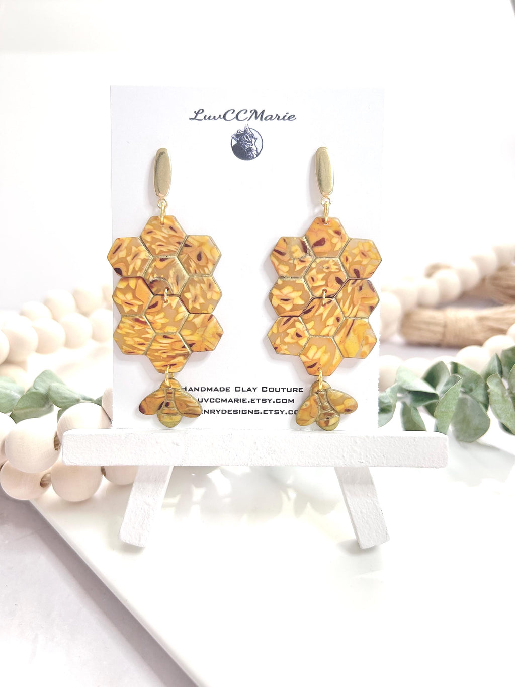 Honey Bee Earrings, Yellow Statement Stud Dangles, Mustard Honeycomb Handmade Clay Jewelry Gift