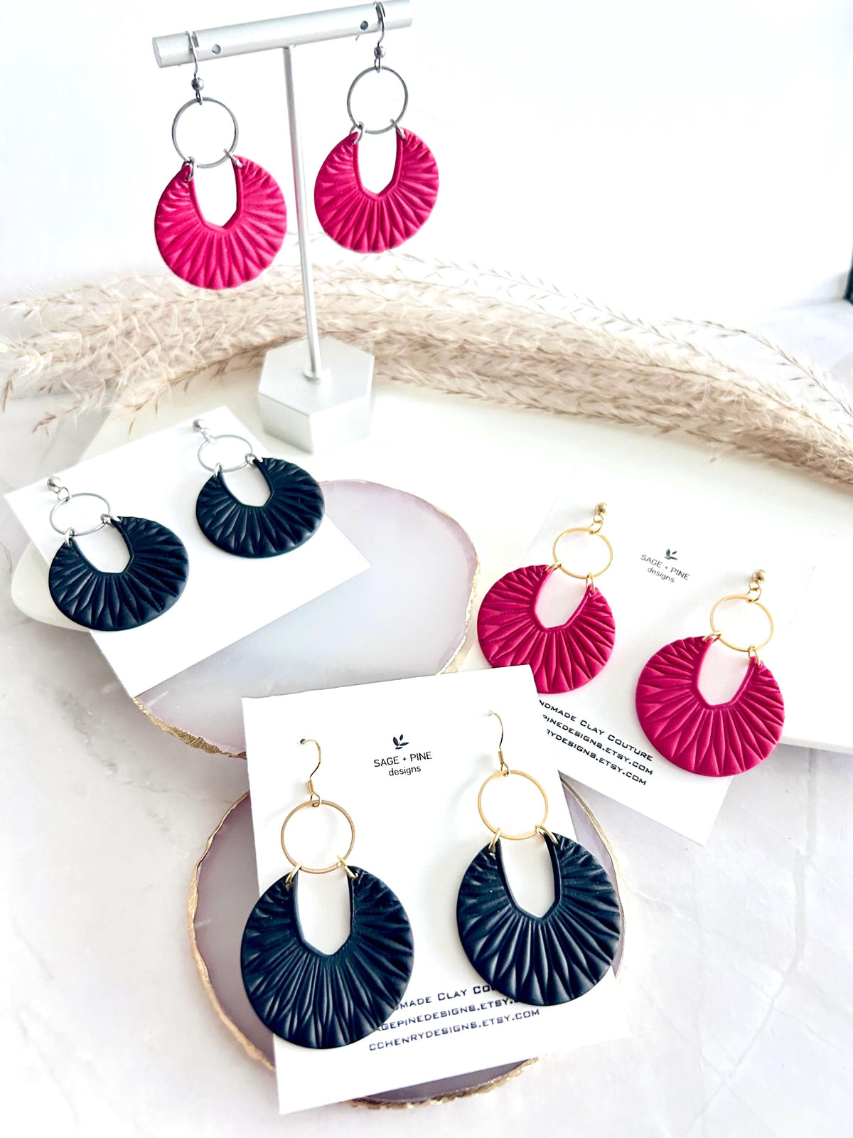 Matte Red Boho Earrings, Black and Gold Hoop Dangles, Handmade Clay Jewelry Gift