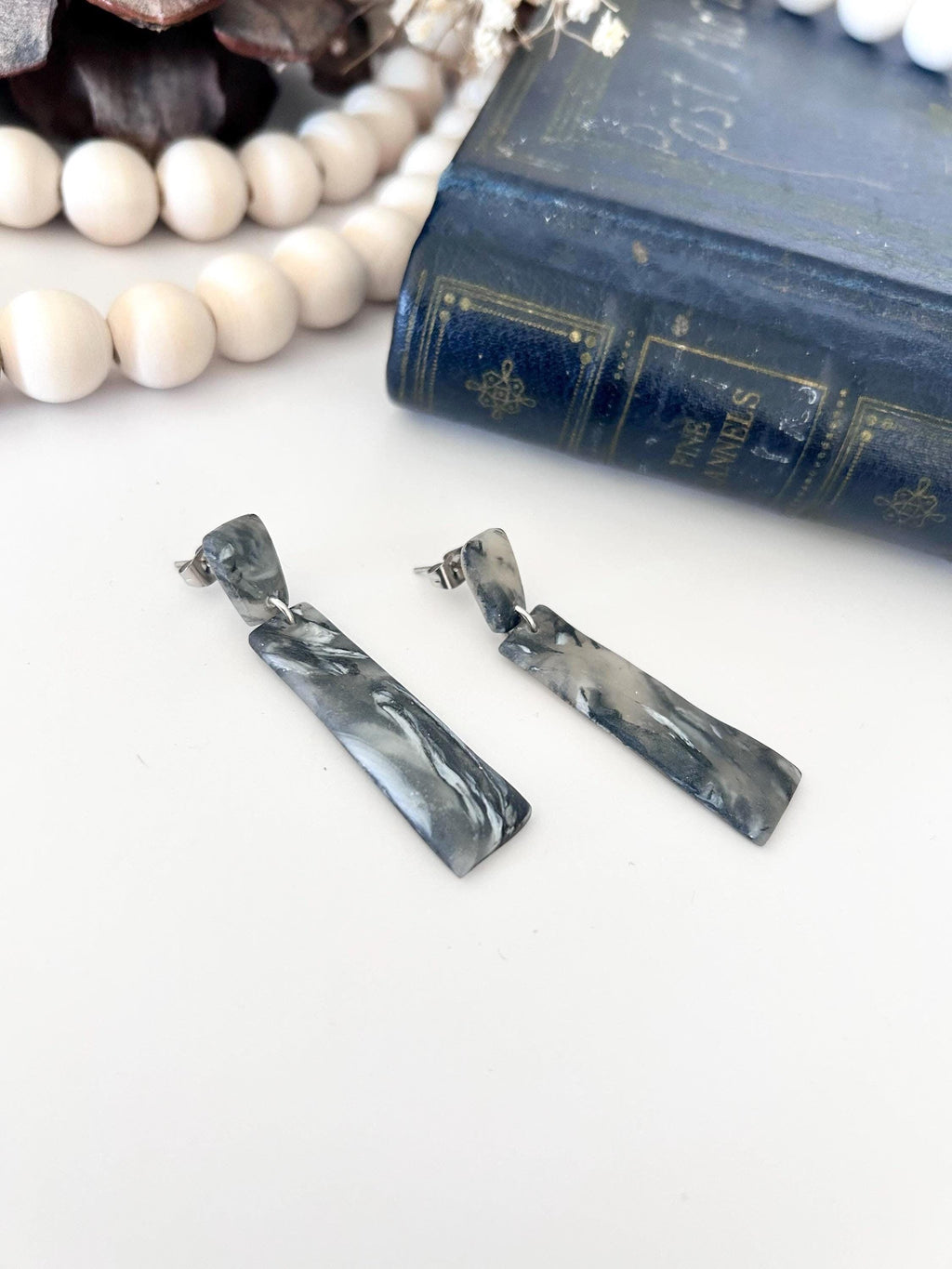 Dark Gray Earrings, Smokey Grey Dangles, Marbled Handmade Clay Bar Earrings