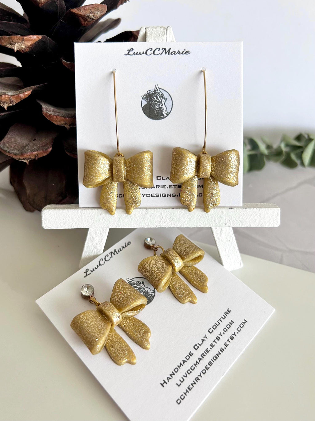 Glitter Bow Clay Earrings, Coquette Dangles, Handmade Holiday Jewelry