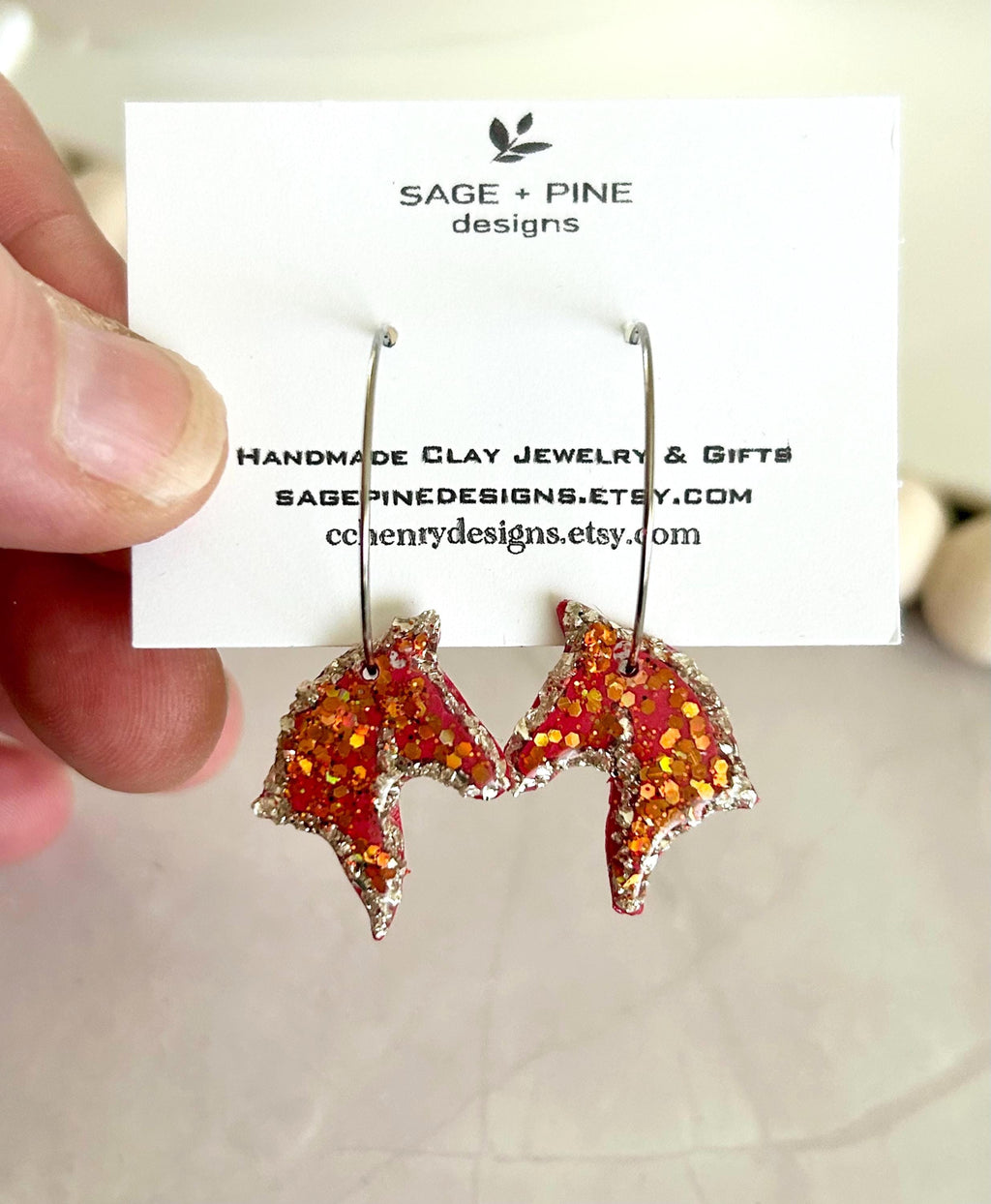 Fire Horse Earrings, Red and Silver Sparkly Dangles, Handmade Fashion Clay Jewelry