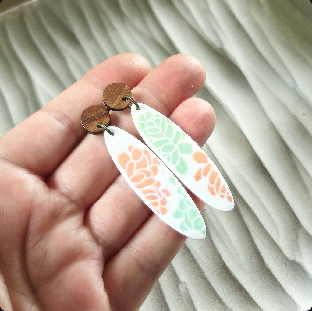 Handmade Succulent Dangle Earrings: Retro Surfboard Clay, Walnut Studs