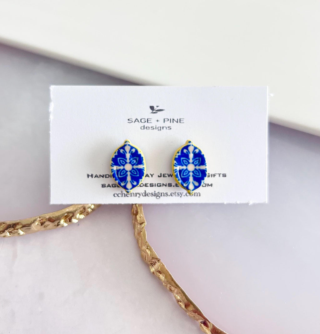 Handmade Lemon Santorini Tile Stud Earrings, Blue White Polymer Clay, Mediterranean Jewelry