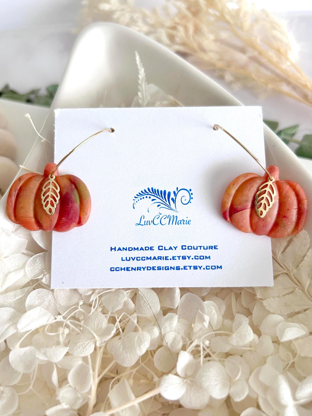 Pumpkin Hoops, Burgundy Marbled Fall Earrings, Gold Leaf Hoop Dangles, Handmade Clay Autumn Jewelry