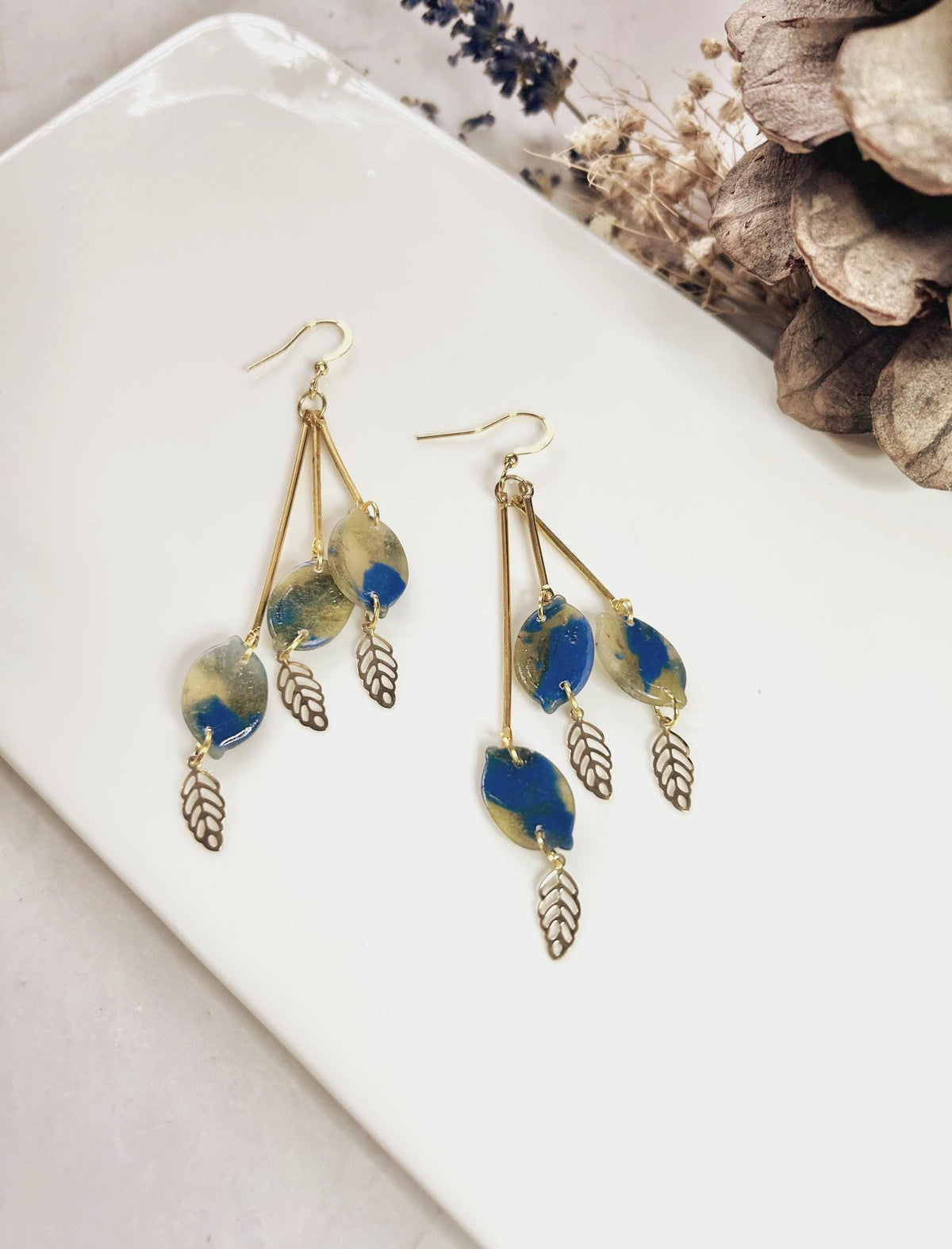 Navy Blue Dangle Earrings, Lemon Bar Clay Dangles, Gold Leaf Fall Earrings, Boho Jewelry