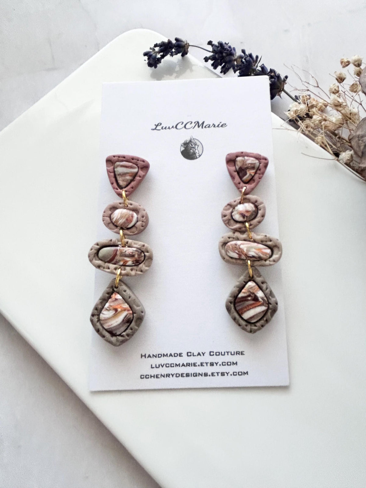 Neutral Stone Statement Dangles, Beige, Brown, Orange, White, Handmade Clay Post Earrings