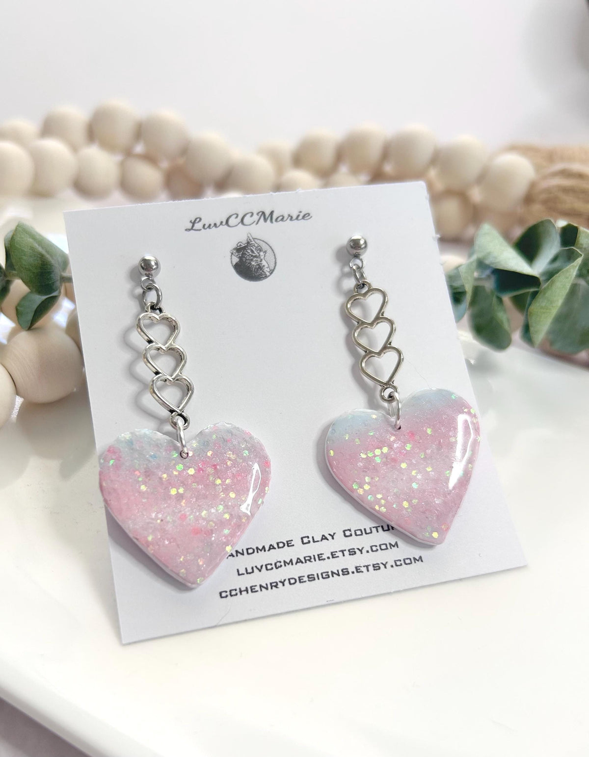 Trans Pride Heart Dangle Earrings: Holo Glitter Clay Boho Jewelry