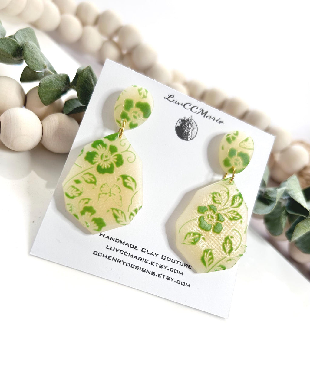 Handmade Green Floral Clay Earrings: Boho Drop Dangles