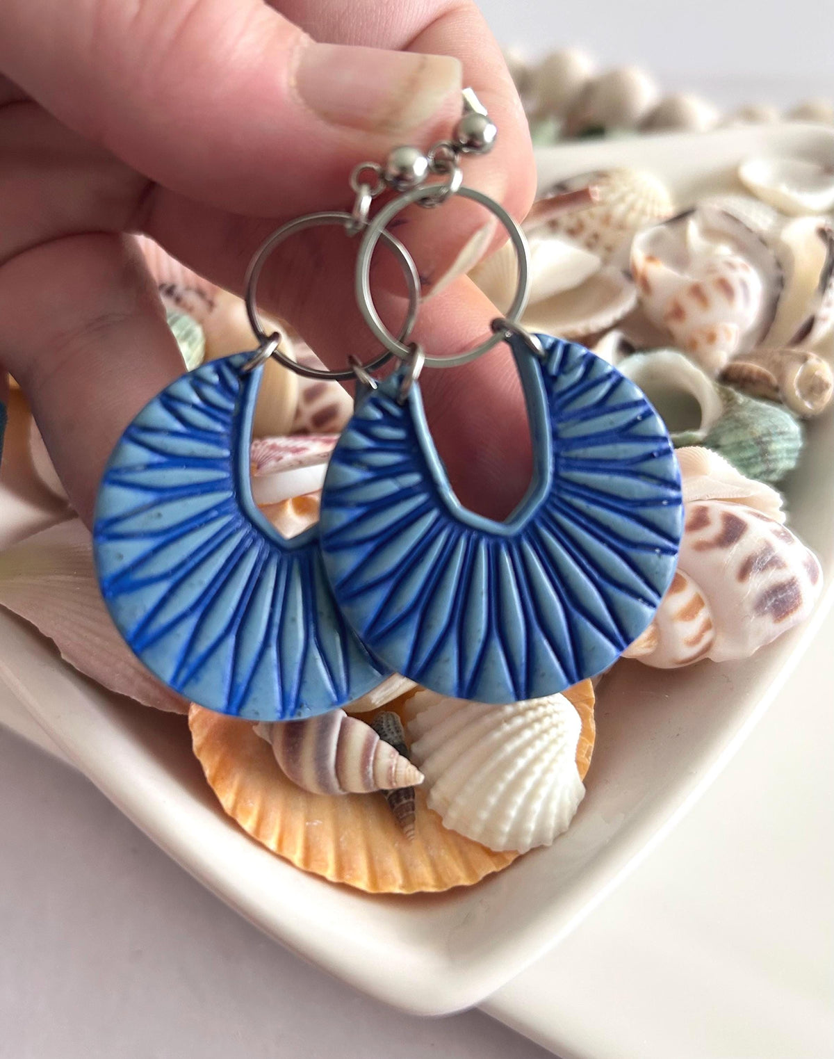 Denim Blue Boho Earrings, Navy and Silver Hoop Dangles, Handmade Clay Jewelry Gift