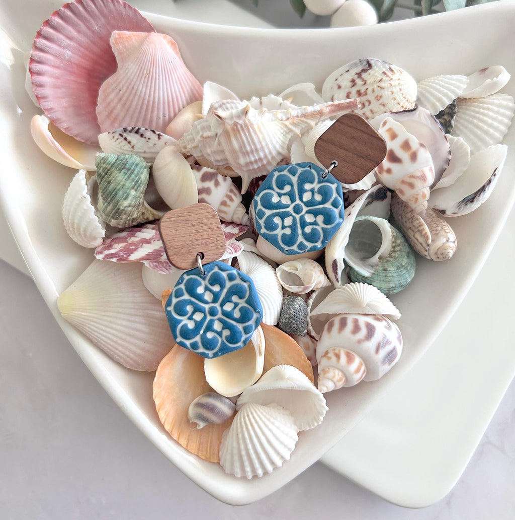 Teal & White Hexagon Santorini Tile Clay and Wood Earrings, Mediterranean Dangles