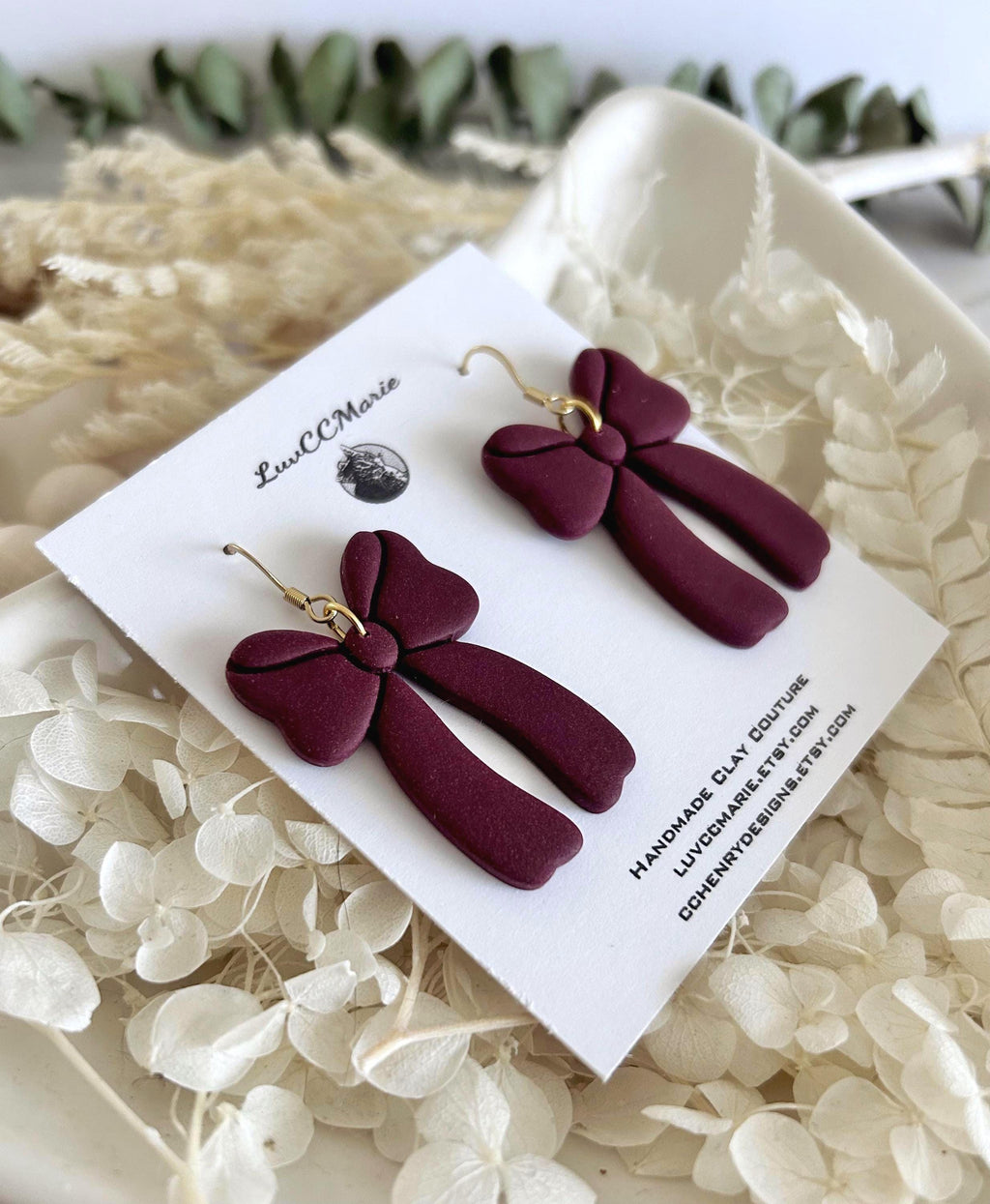 Dark Burgundy Bow Earrings, Fall Statement Hoop Dangles, Maroon Boho Clay Handmade Jewelry