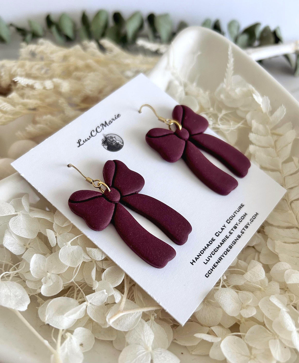 Dark Burgundy Bow Earrings, Fall Statement Hoop Dangles, Maroon Boho Clay Handmade Jewelry