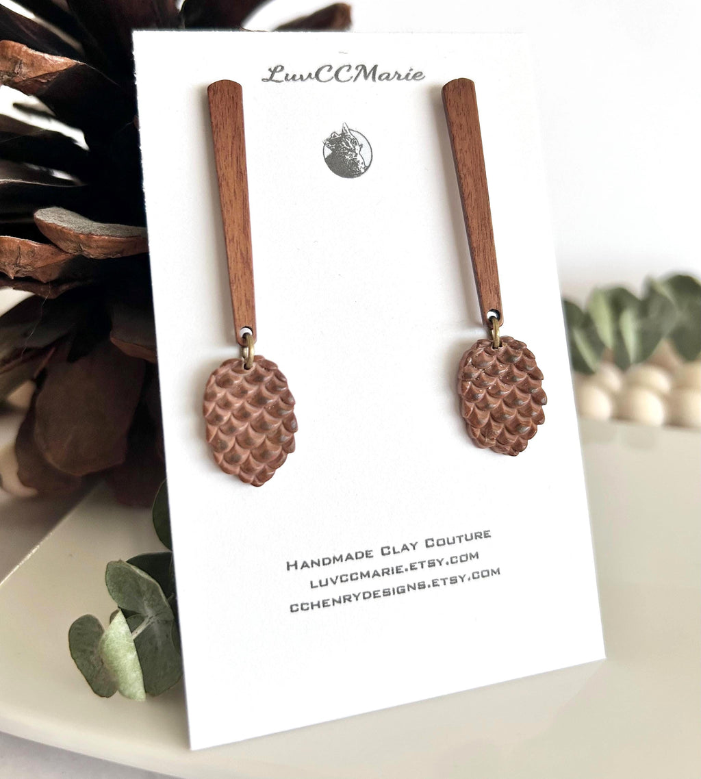 Pine Cone Clay Earrings, Wood Bar Drop Dangles, Handmade Lightweight Boho Jewelry