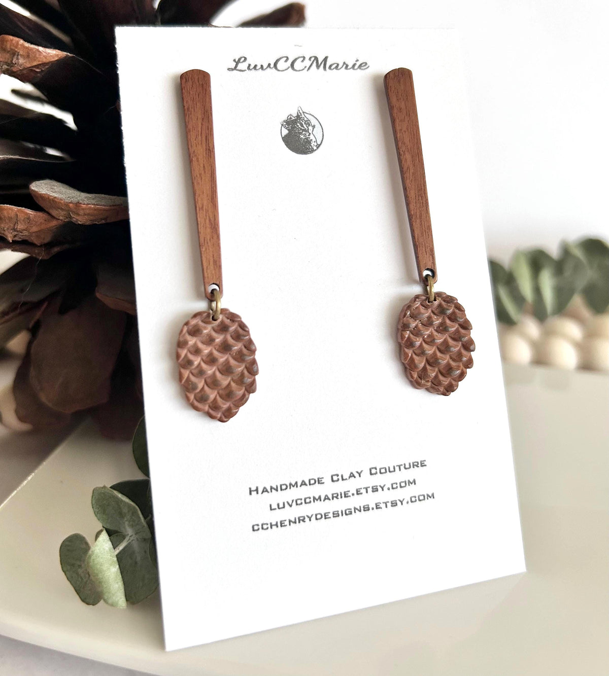 Pine Cone Clay Earrings, Wood Bar Drop Dangles, Handmade Lightweight Boho Jewelry